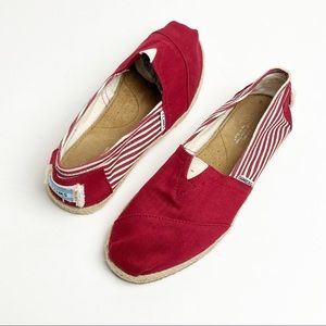 TOMS Classic Red And White Striped Slip On Espadrilles Flats, Size 8.5